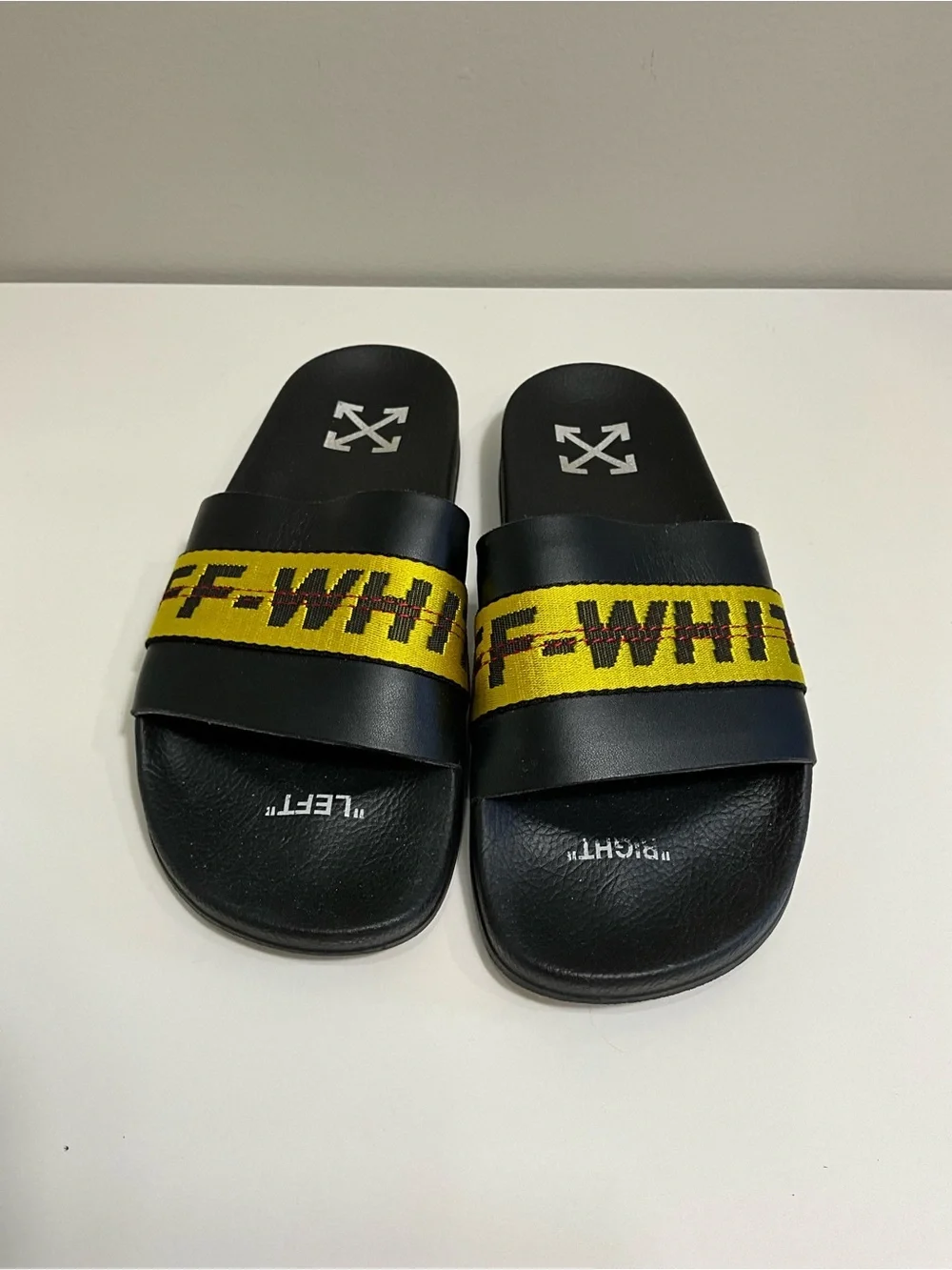 OFF-WHITE Industrial Belt Slides Black Yellow Logo Sandals EU 41 Virgil Abloh